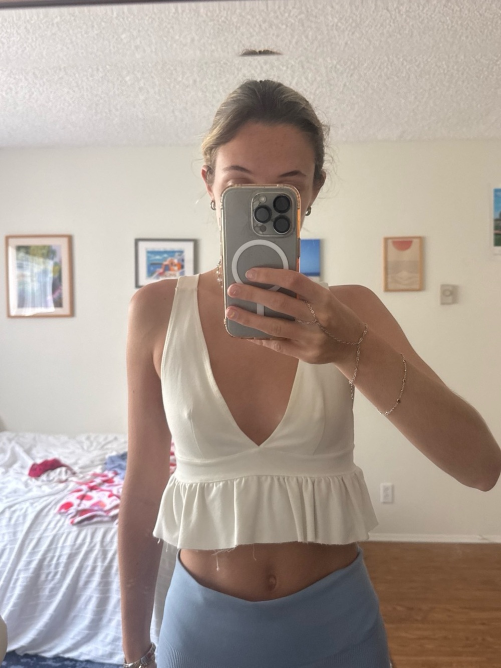 Urban Outfitters Deep V Peplum Crop Top - White
